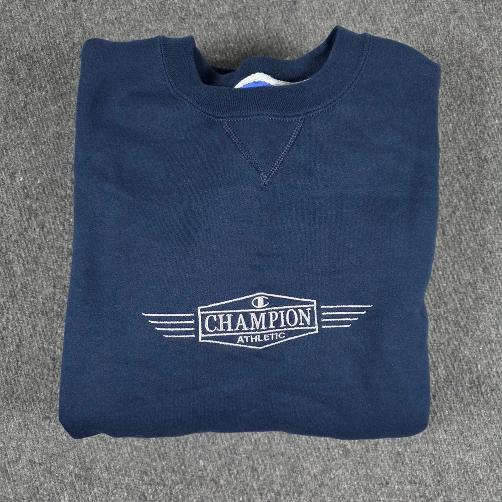 Vintage‎ 90s Champion Sweatshirt Mens Medium Navy Blue Embroidered Logo Crewneck